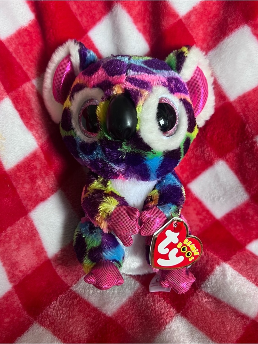 Ty Multicolor Rainbow Koala Beanie Boo with Pink Accents